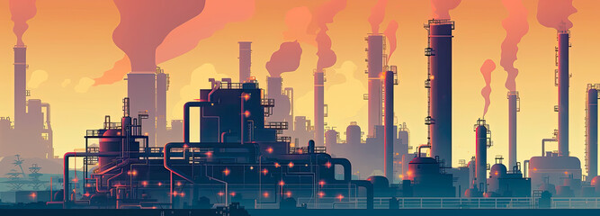 Silhouette of industrial factory complex with many smokestacks. Postproducted generative AI illustration.