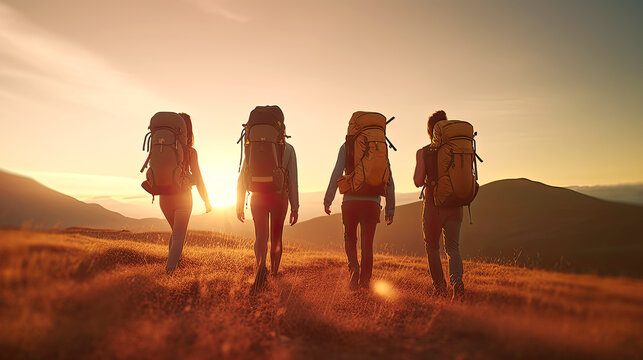 Group Of Four Friends On A Hike With A Backpack At End Of Day. Postproducted Generative AI Illustration.