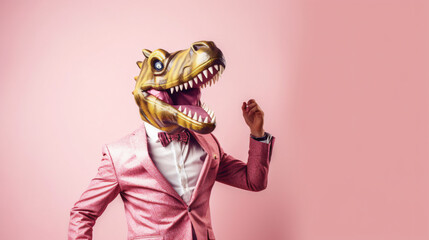 Weird crazy guy in wacky dinosaur mask - obrazy, fototapety, plakaty