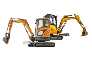 Mini excavators excavator isolated on white background. Construction equipment for earthworks in cramped conditions. Rental of construction equipment.