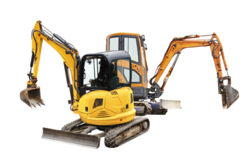 Mini excavators excavator isolated on white background. Construction equipment for earthworks in cramped conditions. Rental of construction equipment.