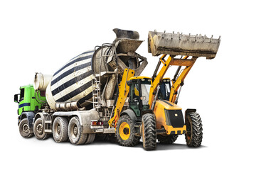 Concrete mixer truck and bulldozer loader close-up on a white isolated background.Construction...