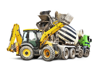 Concrete mixer truck and bulldozer loader close-up on a white isolated background.Construction...