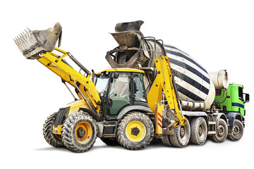 Concrete mixer truck and bulldozer loader close-up on a white isolated background.Construction...