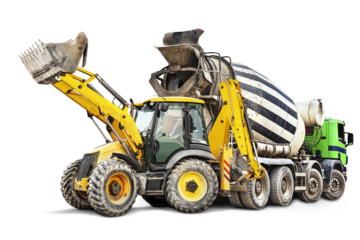 Concrete mixer truck and bulldozer loader close-up on a white isolated background.Construction equipment. element for design. Rental of construction equipment. delivery of concrete.