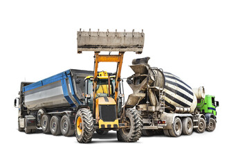 Concrete mixer, dump truck and wheel loader or bulldozer close-up on a white isolated background.Construction equipment for earthworks. Rental of construction equipment. element for design. © Anoo