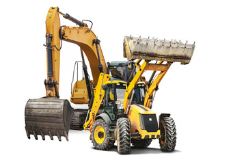 Excavator and bulldozer loader close-up on a white isolated background.Construction equipment for earthworks. element for design. Rental of construction equipment. Close-up.