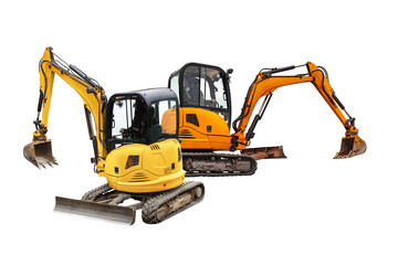 Mini excavators excavator isolated on white background. Construction equipment for earthworks in...