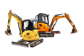 Mini excavators excavator isolated on white background. Construction equipment for earthworks in cramped conditions. Rental of construction equipment.