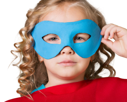 Little child Superhero. In mask and cloak