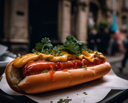Nahaufnahme eines wundersch&ouml;nen Hotdogs mit K&auml;seso&szlig;e und Petersilie im Br&ouml;tchen, generative AI