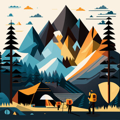 Camping in the mountains. Vector illustration in flat design style.