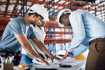 Business people, blueprint and documents in team construction, planning or architecture on site....