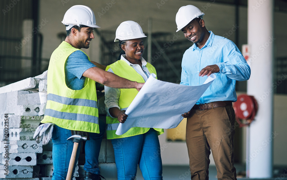 Poster engineer people, blueprint and documents in team construction, planning or strategy on site. archite