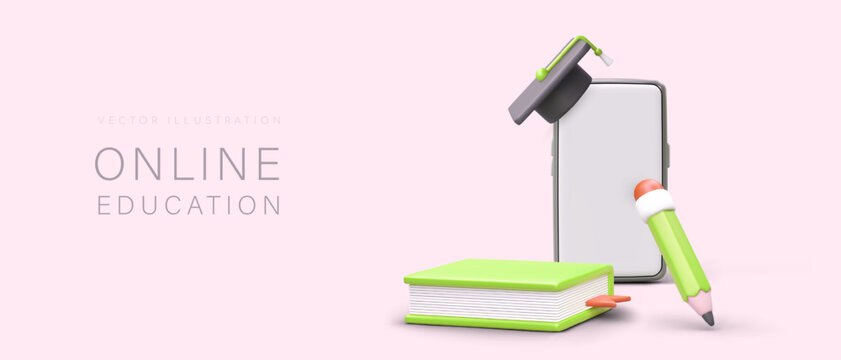 Online education concept. Web poster with realistic 3d smartphone, pencil and book. Idea for online school with pink background. Colorful vector illustration in cartoon style