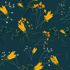 Beautiful seamless classic spring floral print pattern with cool yellow flowers and sprigs. Dark cyan backround. Hand drawn vector stock illustration.