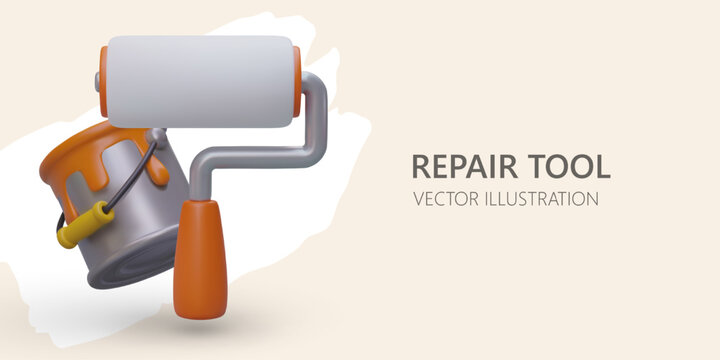 Repair tool kit concept. 3d realistic bucket with orange paint and roller. Web poster, landing page for hardware store. Vector illustration in cartoon style with warm background