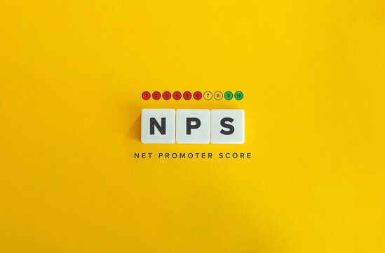 Net Promoter Score (NPS) Banner and Concept Image. Letter Tiles on Yellow Background. Minimal Aesthetic.