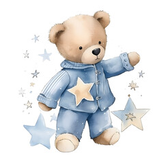 Watercolor Teddy Bear Boy Blue Color Clipart Element Printable Commercial Use
