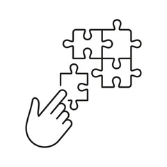 Puzzle Strategy Solution Line Icon. Jigsaw and Human Hand Linear Pictogram. Connect Parts of Puzzle, Team Game Outline Sign. Editable Stroke. Isolated Vector Illustration