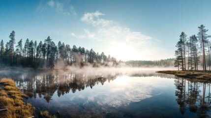 Panoramic view of beautiful forest lake. Generative AI.