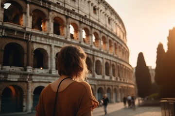 Fototapeta na wymiar Travel, vacation, romance concept. Young couple traveling and walking in Rome, Italy. Colosseum in background. Man and woman view from behind. Sunset summer background. Generative AI