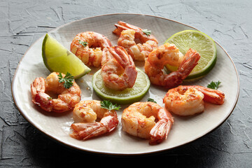 Shrimps. Cooked shrimp with lime on a white plate, on a black stone table. Spicy gourmet meal