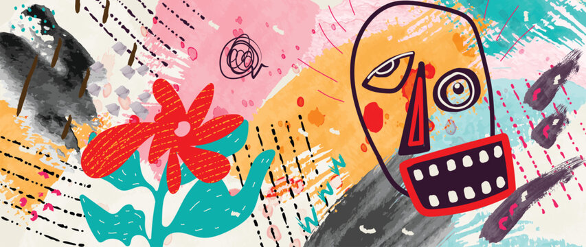 Hand painted arts vector background. Abstract art exhibitions design with brushes, watercolor, texture, childish doodle, line art. Mix abstract art illustration for painting, cover, print, fabrics.