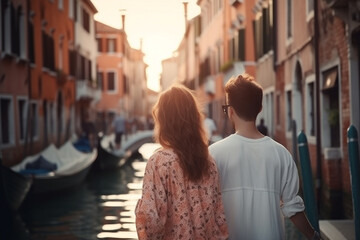 Fototapeta na wymiar Travel, vacation, romance concept. Young couple traveling and walking in Venice, Italy. Gondolas, canals, old town in background. Man and woman view from behind. Sunset summer. Generative AI