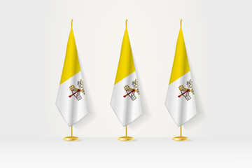 Three Vatican City flags in a row on a golden stand, illustration of press conference and other meetings. - obrazy, fototapety, plakaty