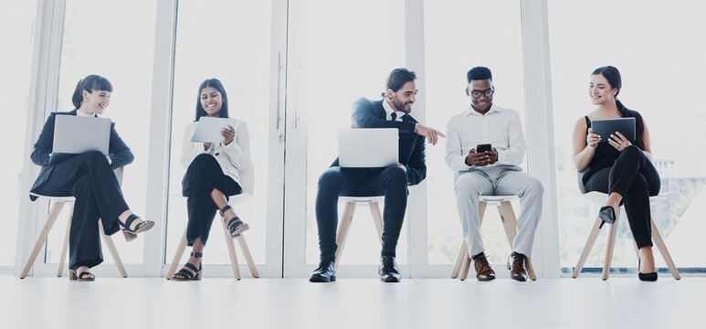 Diversity, teamwork and digital device to connect or communication or workplace and modern office. Conversation, collaboration and brainstorm for social media or marketing or business advertisement
