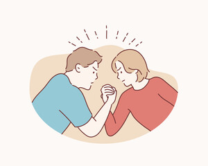 A man and a woman contesting the power of their arms. Hand drawn style vector design illustrations.