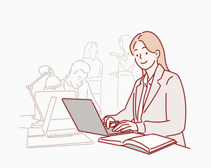 young confident businesswoman sitting at the office table with group of colleagues in the background. Hand drawn style vector design illustrations.