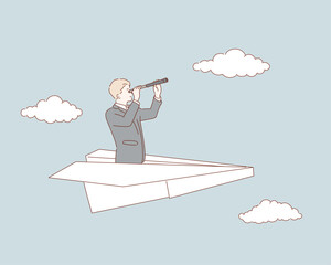 Searching for success. businessman flying on paper plane and looking in spyglass. Hand drawn style vector design illustrations.