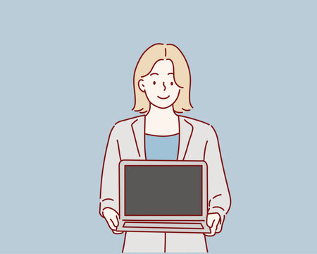 businesswoman showing blank screen laptop computer. Hand drawn style vector design illustrations.