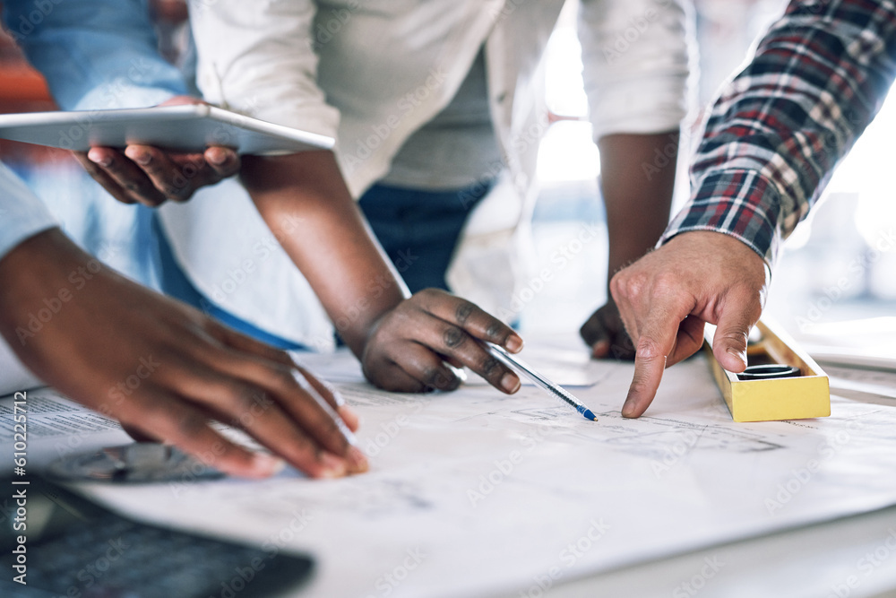 Poster business people, hands and blueprint for construction, planning or architect teamwork at office desk
