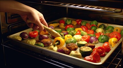 Vegetables lie on a baking sheet sprinkled with spices  Concept of cooking vegetarian food.ai generated