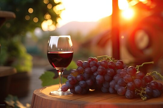 Red wine glass and grape on wooden barrel with vineyard background at sunset.ai generated