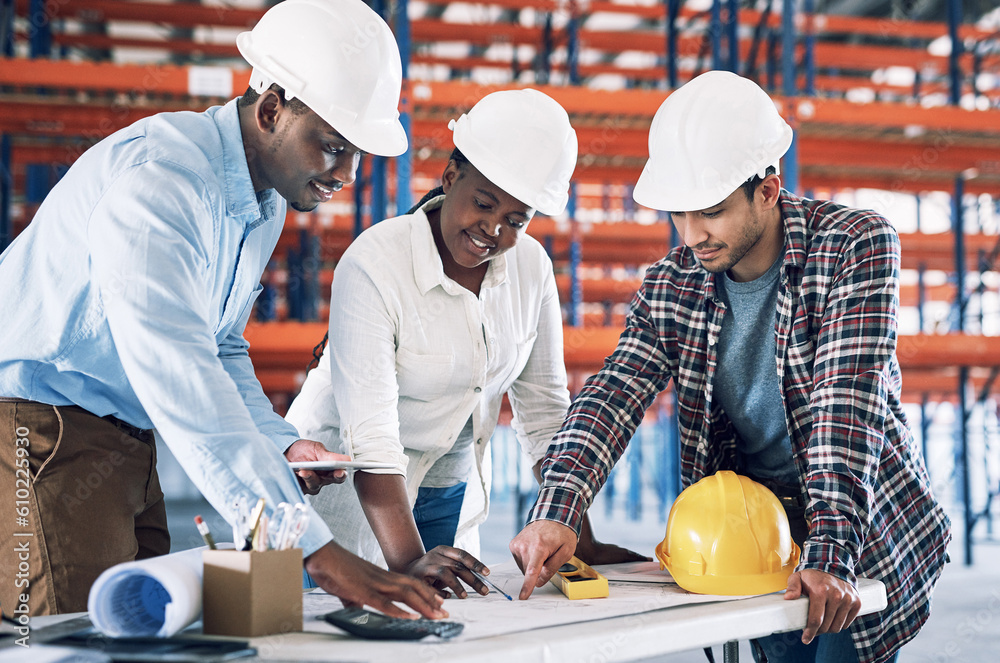 Poster Happy people, architect and meeting on blueprint for construction, planning or collaboration on site. Group in teamwork engineering for floor plan, architecture project or building strategy