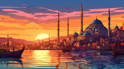 Naklejka premium Background Istanbul. An artistic portrayal of Istanbul's architectural wonders, elegantly illustrated in a banner design with an abstract background. Generative AI.