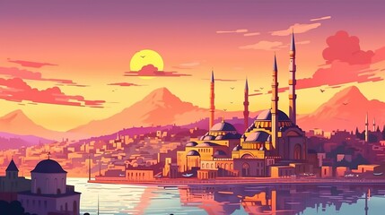 Background Istanbul. A visually appealing banner design showcasing the unique charm of Istanbul through an artistic illustration against an abstract background on the sunset. Generative AI.