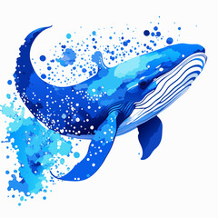 Vector illustration of a blue whale with splashes of water on a white background