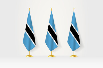 Three Botswana flags in a row on a golden stand, illustration of press conference and other meetings.