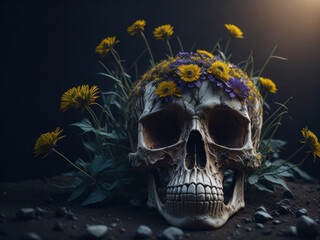 human skull full flowers. Halloween. AI Generated