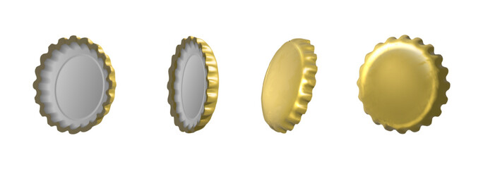 3d realistic vector icon. Gold beer caps in different side view. isolated.