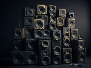 A large stack of vintage music audio speakers. AI Generated