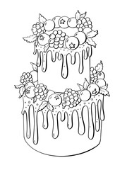 contour line illustration cartoon style sweet two tier cake with chocolate berries holiday birthday design element advertising print sticker coloring book