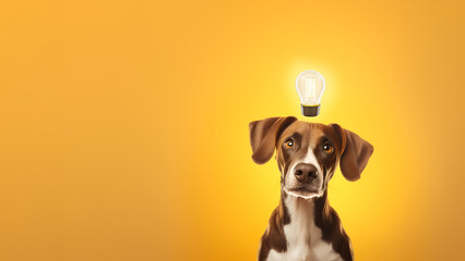 Light bulb glowing under dog's head. Creative idea concept