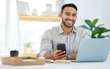 Obraz premium Happy, phone and man in office typing email communication, social networking or search for business on app. Asian businessman, cellphone or computer for mobile connection, internet or network contact