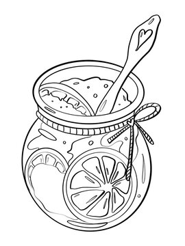 contour line illustration cartoon style sweet round citrus jam jar with spoon design element advertising print sticker coloring book